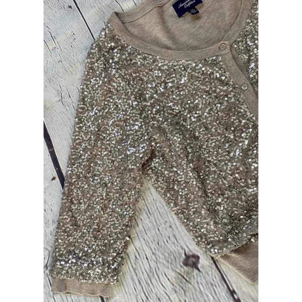 American Eagle Taupe Silver Sequin Cardigan Sweater